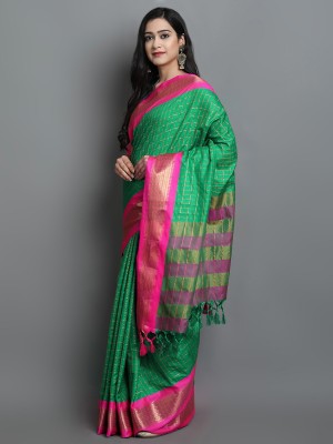 Druxy Checkered, Embellished, Self Design, Striped, Woven Mysore Cotton Silk, Jacquard Saree(Light Green, Pink, Gold)