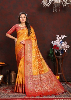 Zeekha Woven Kanjivaram Organza, Silk Blend Saree(Red, Yellow)