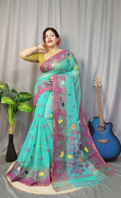 ANU INDIAN FASHION Woven, Floral Print Jamdani Cotton Blend Saree(Light Blue, Yellow)