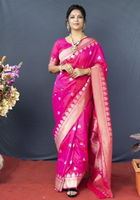 sarjan creation Woven Banarasi Pure Cotton, Cotton Silk Saree(Pink)