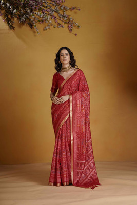 ZILVIRA Printed, Geometric Print, Floral Print, Woven Patola Cotton Silk Saree(Red)