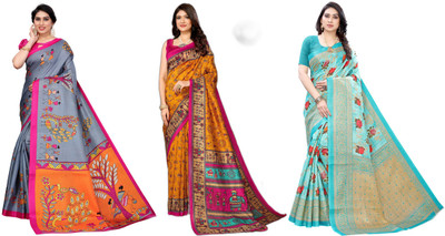YASHIKA Printed Kasavu Art Silk Saree(Pack of 3, Grey, Yellow, Blue)