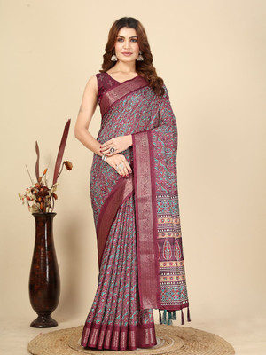 HouseOfCommon Geometric Print Chanderi Art Silk Saree(Purple)
