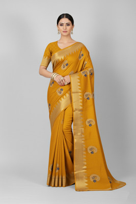 Classy Foriever Embroidered Assam Silk Silk Blend Saree(Mustard)