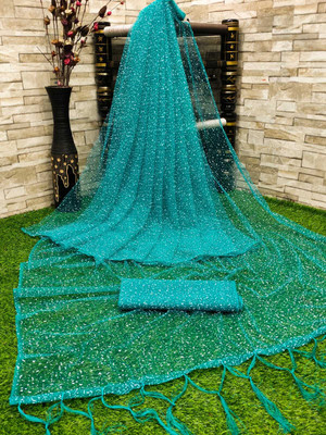 Z HUB Embellished Assam Silk Net Saree(Blue)
