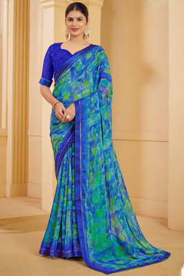SainiVastra Floral Print Bollywood Chiffon Saree(Blue)