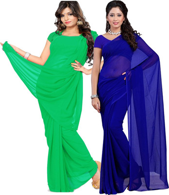 FANCYNINE Solid/Plain Daily Wear Georgette Saree(Pack of 2, Green, Blue)