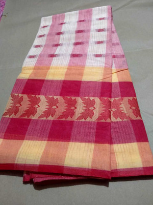 Bikash Dutta Fashion Self Design Tant Pure Cotton Saree(White, Red)