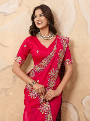 sareya veela Embroidered, Floral Print, Embellished, Woven Bollywood Organza, Tissue Saree(Pink)