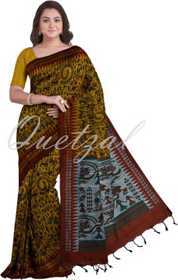 Quetzal Printed, Solid/Plain, Self Design Sambalpuri Pure Cotton Saree(Yellow)