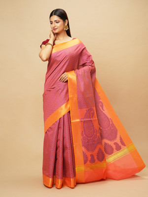 Manvish Drapes Woven Banarasi Cotton Blend Saree(Orange)