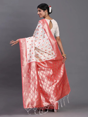Bhadra Self Design Handloom Pure Cotton Saree(White, Red)