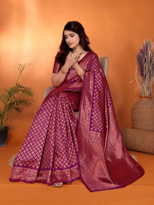 FABMORA Woven Kanjivaram Pure Silk, Art Silk Saree(Magenta)