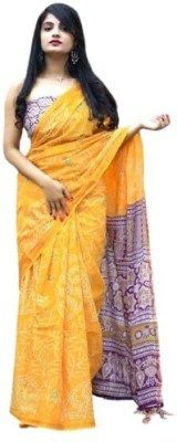 WINSSUTRA Printed Bandhani Cotton Blend Saree(Yellow)