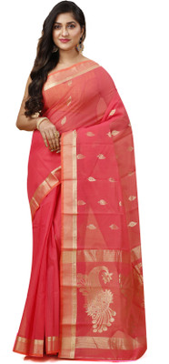 SUBHO SAREE CENTRE Self Design, Embellished, Embroidered Handloom Cotton Silk Saree(Red)