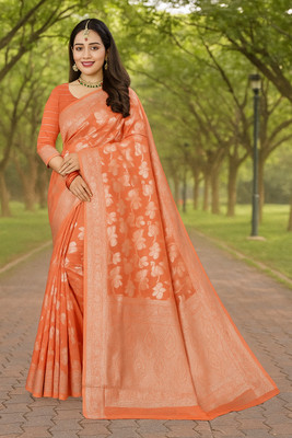 Samai Printed Banarasi Cotton Blend Saree(Orange)