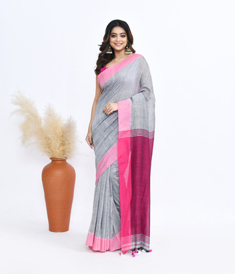 Swagata Enterprise Solid/Plain Wedding & Festival Pure Cotton Saree(Grey)