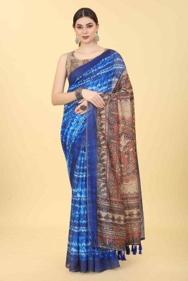 Divastri Printed Kalamkari Cotton Blend Saree(Blue)