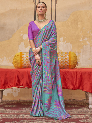 Tasrika Printed Hand Batik Silk Blend Saree(Light Blue)