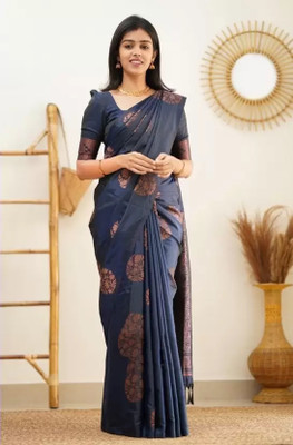 KIVERA Self Design, Woven Kanjivaram Pure Silk Saree(Blue)