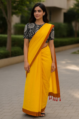 SMRITI BOUTIQUE Printed Bollywood Handloom Pure Cotton Saree(Yellow, Red, Black)