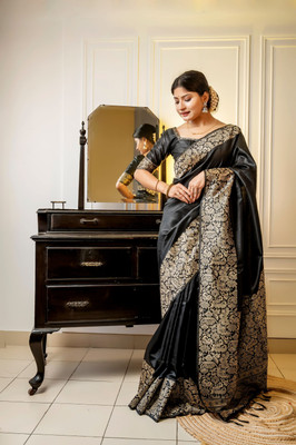 PeachPetals Woven Handloom Cotton Silk Saree(Black)