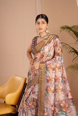 WISHLIST Digital Print Handloom Cotton Blend Saree(Purple)