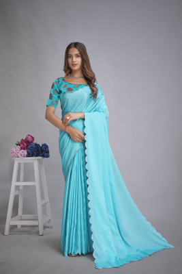 Julee Solid/Plain Bollywood Chiffon Saree(Light Blue)