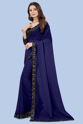 Meaven feb Solid/Plain Bollywood Georgette Saree(Blue)