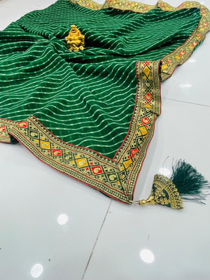 CHITRA TEX Striped, Embroidered, Printed, Geometric Print Leheria Georgette Saree(Green)