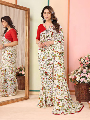 Moda Rapido Printed, Self Design Daily Wear Georgette Saree(White)