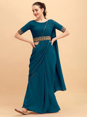 RAJESHWAR FASHION Solid/Plain Bollywood Georgette Saree(Dark Blue)