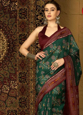 Shree nath Sadi Centre Color Block Handloom Cotton Silk Saree(Dark Green, Brown)