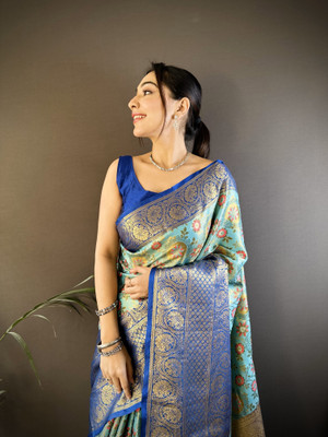 SHARDHA FASHION Woven, Self Design Banarasi Pure Silk, Tissue Saree(Black, Yellow, Multicolor)