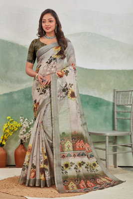 JERAVI Enterprise Digital Print Mysore Cotton Linen Saree(Grey)