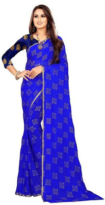 Desi Style Self Design Bollywood Velvet, Chiffon Saree(Blue)