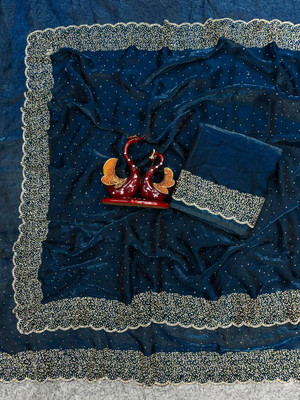 Starly Embellished Handloom Satin, Silk Blend Saree(Blue)