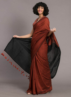 Kumaresh Creation Color Block Daily Wear Cotton Silk Saree(Brown, Black)