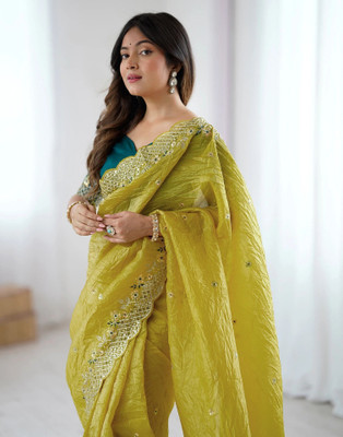 Satrani Embroidered, Embellished Bollywood Jimmy choo, Tissue Saree(Green)