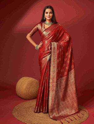PHEASANT Woven, Embellished Banarasi Pure Silk Saree(Red)