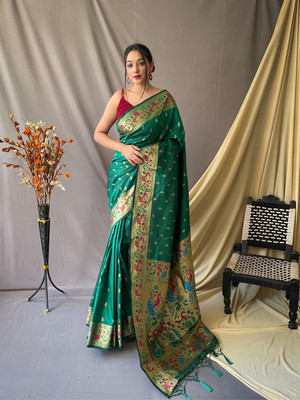 SGF11 Self Design Handloom Pure Silk Saree(Green)
