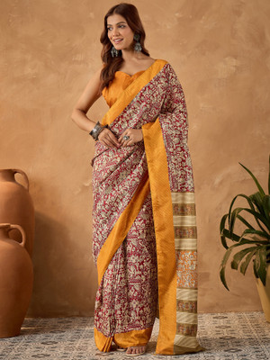 Sareemall Printed Hand Batik Cotton Blend Saree(Maroon)