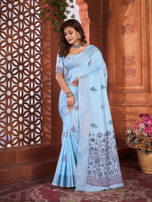 NEGRONI Floral Print Daily Wear Linen Saree(Blue)