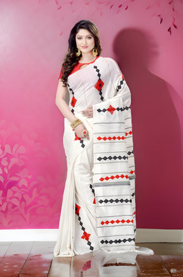 Desh Bidesh Woven, Applique, Self Design Handloom Handloom Cotton Silk, Pure Cotton Saree(White)