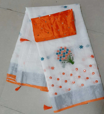shreeji creation Embroidered Chanderi Cotton Linen Saree(White, Orange)