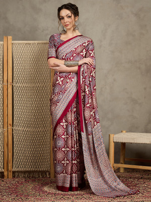 Tasrika Printed Hand Batik Crepe Saree(Maroon)