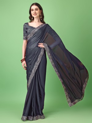 ANANT DESIGNER STUDIO Embroidered Lucknow Chikankari Satin Saree(Grey)