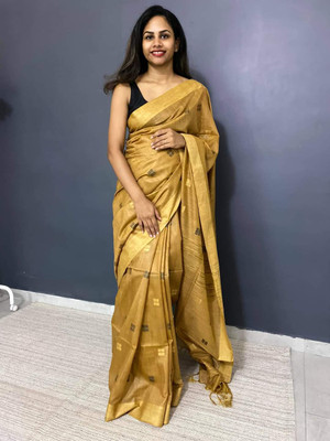 EthinicSpecial Solid/Plain, Self Design, Dyed, Embroidered Daily Wear Cotton Silk Saree(Gold)