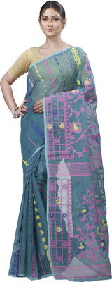 DipDiya Woven Jamdani Pure Cotton Saree(Green)