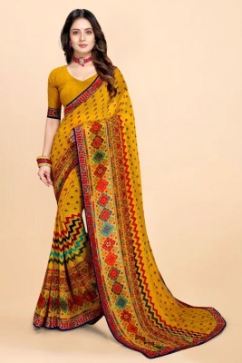 NANCY HUB Printed, Ombre, Embellished Bollywood Chiffon, Brasso Saree(Mustard, Red)